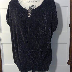 A.U.W Women's Black Shirt with Silver Sparkles and Ring Accents (Size Large)